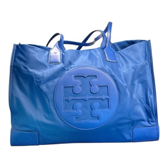 TORY BURCH Ella Blue Nylon Tote Bag Large Shoulder Bag Purse Logo - Picture 1 of 9